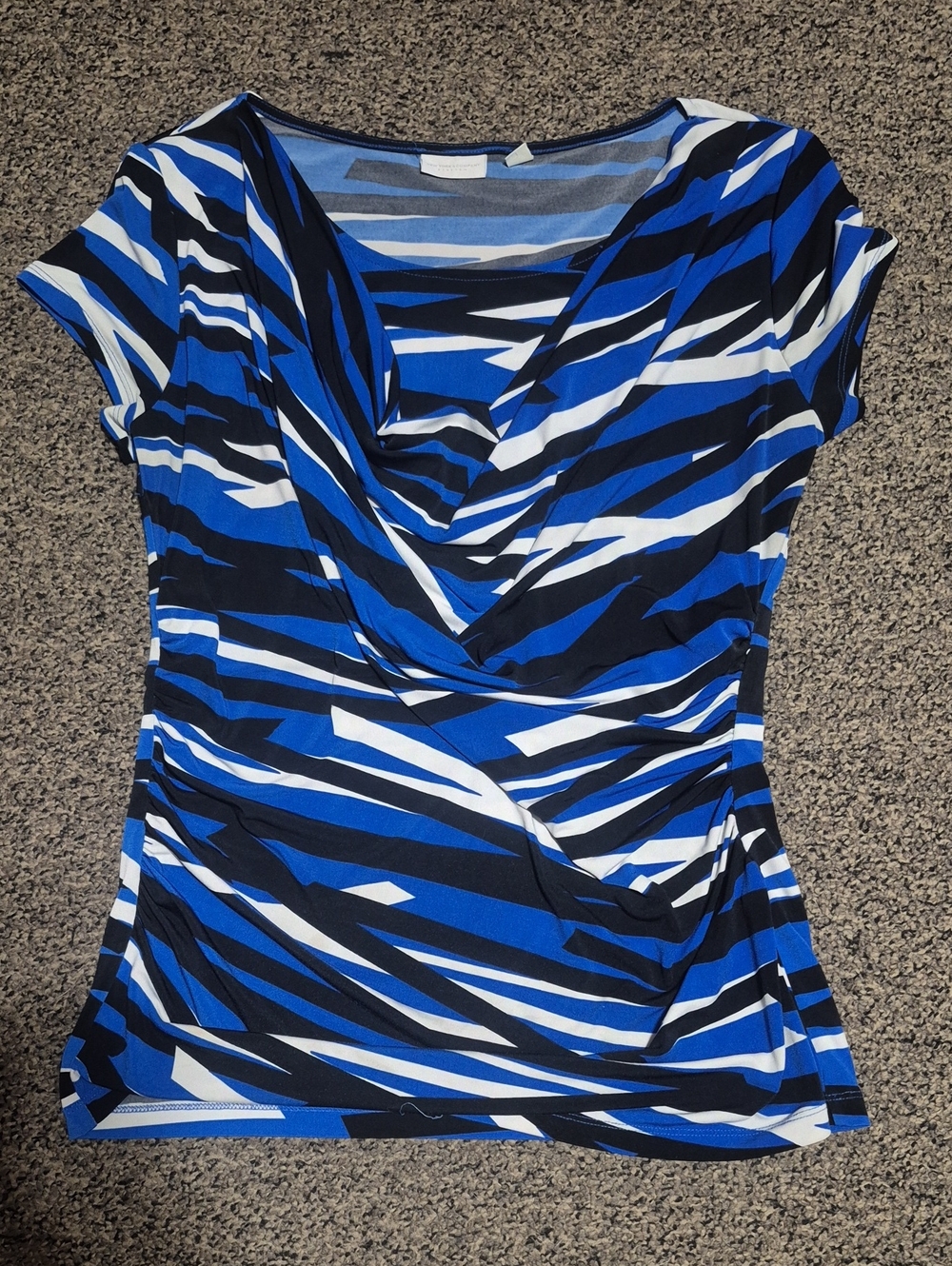 New York & Company Blue Black White Striped Draped V-Neck Top